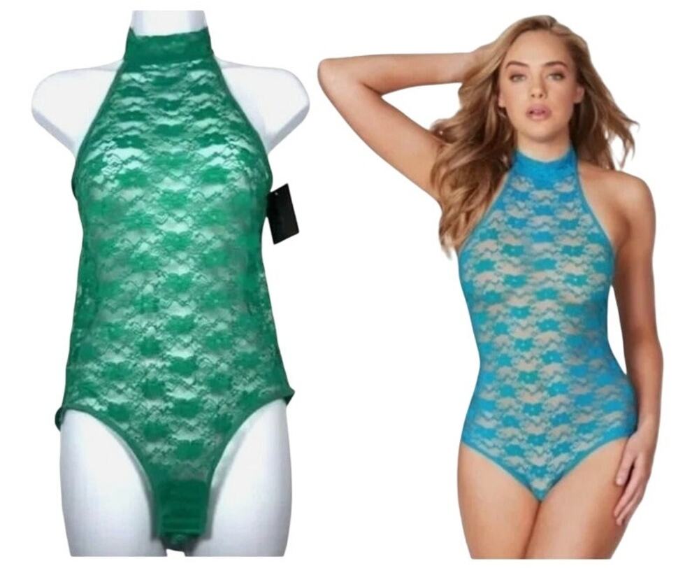 Frederick's Of Hollywood Bodysuit Medium Margarita Green Lace Mesh Sexy Lingerie